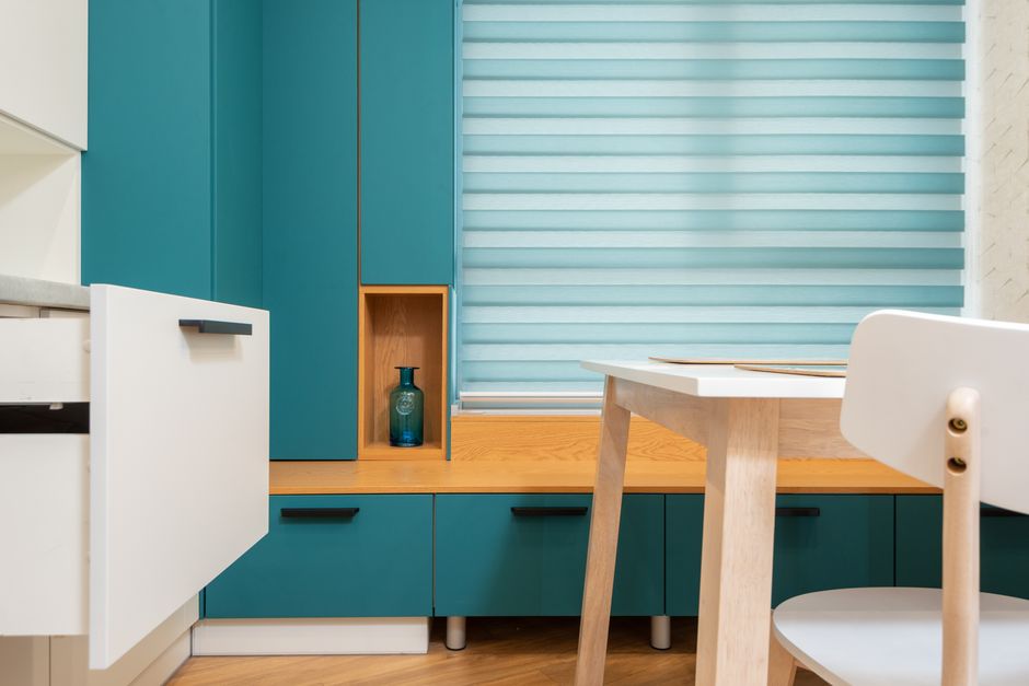 Detailed view of kitchen drawer brass handles